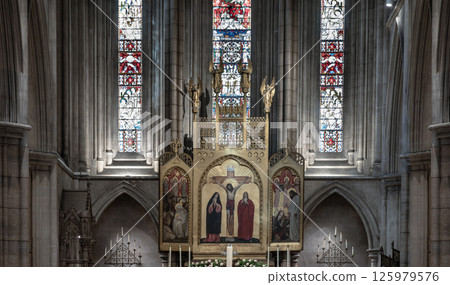 Architecture interior view is vaulted in oak and column made of marble inside The American Cathedral in Paris. 125979576
