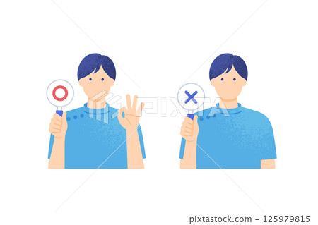 A man in a scrub makes a judgment with a true or false card. A set of two upper body vector illustrations of a chiropractor and a caregiver. A man in a scrub makes a judgment with a true or false card. A set of two upper body vector illustrations of a chiropractor and a caregiver. 125979815