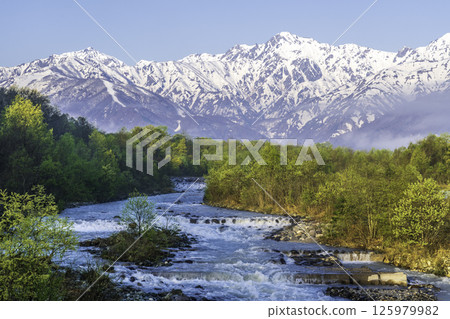 Fresh greenery and snow-capped Northern Alps seen from Matsukawa Bridge in Hakuba Village Fresh greenery and snow-capped Northern Alps seen from Matsukawa Bridge in Hakuba Village 125979982