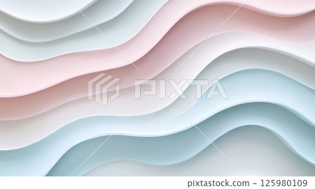 Abstract wavy layers in pastel shades of white, pink, and blue. Minimalist and soothing background with smooth curves AI generated 125980109