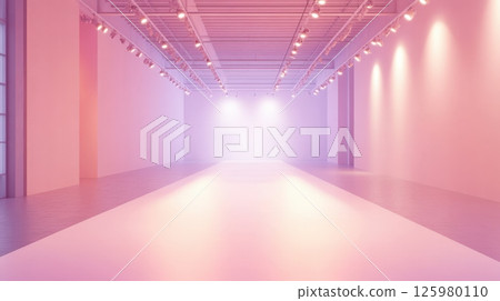 Empty fashion runway in soft pink tones with overhead lighting. Minimalist and elegant space for a show or presentation AI generated 125980110