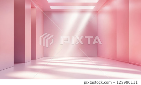 Empty room with soft pink walls and sunlight streaming through rectangular openings. Minimalist interior with light and shadow play AI generated 125980111