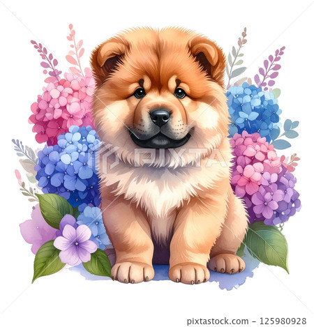 Illustration 4 of hydrangea flowers and a chow chow puppy / flyer and poster material Illustration 4 of hydrangea flowers and a chow chow puppy / flyer and poster material 125980928