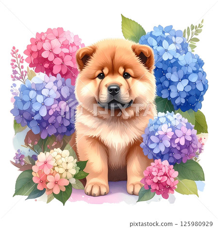 Illustration 5 of hydrangea flowers and a chow chow puppy / flyer and poster material Illustration 5 of hydrangea flowers and a chow chow puppy / flyer and poster material 125980929