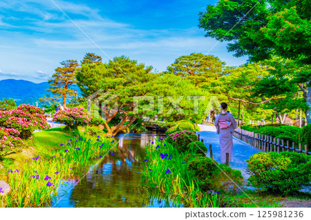 兼六園的新鮮綠意和身著和服的年輕女子的背影 125981236