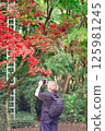 A person photographing vibrant red autumn maple leaves in a serene forest. 125981245