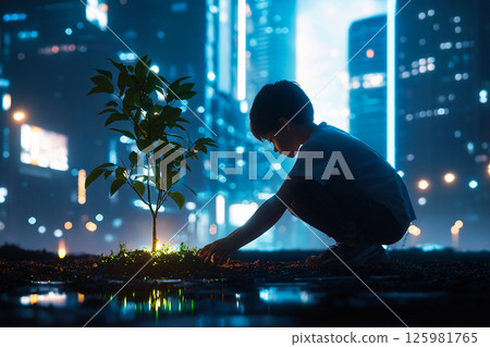 In a future city, a child plants a glowing rooted sapling hope for a greener tomorrow 125981765