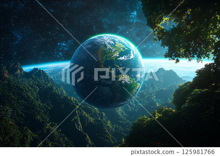 Lush Earth floats in space, wrapped in green aura a vision of cosmic environmental harmony 125981766