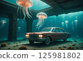 A classic car illuminates the ocean floor 125981802