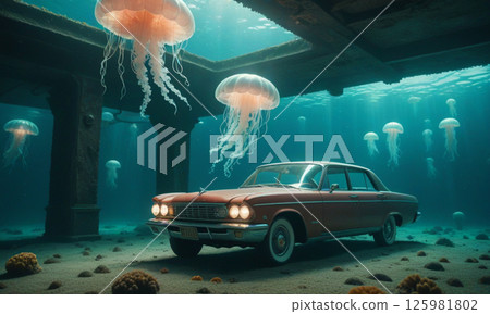 A classic car illuminates the ocean floor 125981802