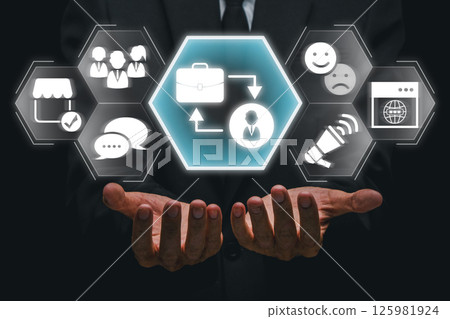Visual representation of business to customer interaction with digital icons highlighting communication and marketing strategies. Visual representation of business to customer interaction with digital icons highlighting communication and marketing strategies. 125981924