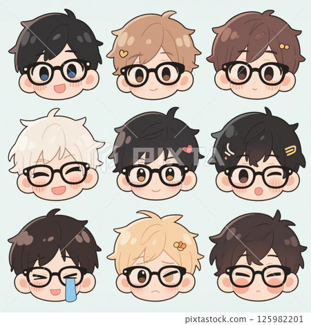 戴眼鏡、表情各異的男孩 可愛的動漫角色設計 125982201