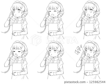 一組六幅線條畫，描繪的是一位女僕在打電話，臉部表情各異 125982544
