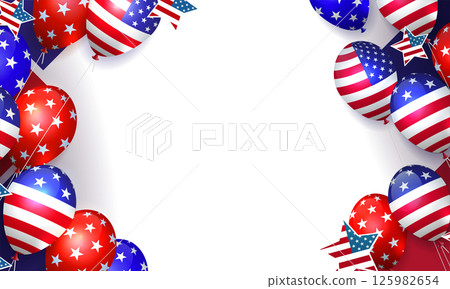 Festive composition with American attributes, balloons and stars 125982654