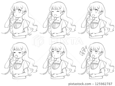 一位年輕女子在電話聽筒上說話的線條畫，一組 6 種不同的臉部表情 125982787