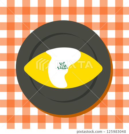 Flat illustration of omurice with white sauce on gingham background 125983048