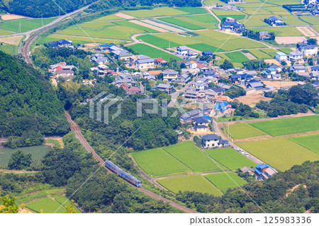 A bird's-eye view of the Kotoku Line running alongside rice fields from the Osaka Pass hang-gliding site A bird's-eye view of the Kotoku Line running alongside rice fields from the Osaka Pass hang-gliding site 125983336