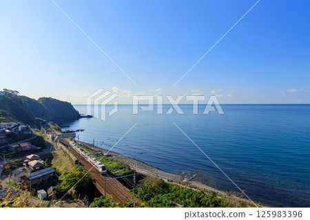 The Sea of Japan and the Shinetsu Main Line as seen from the Omi River 125983396