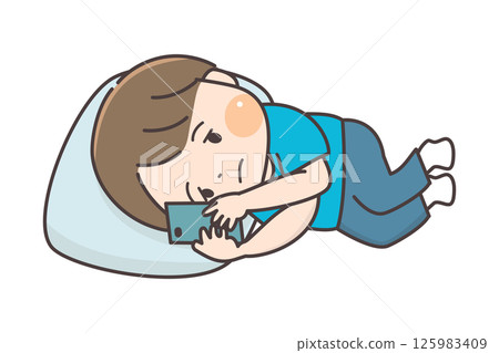 一個孩子躺著，茫然地盯著他的智慧型手機 125983409