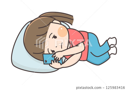 A child lying down and staring blankly at his smartphone A child lying down and staring blankly at his smartphone 125983416