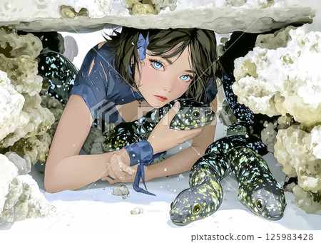 躲在岩石下的海鰻仙子的插圖素材 125983428