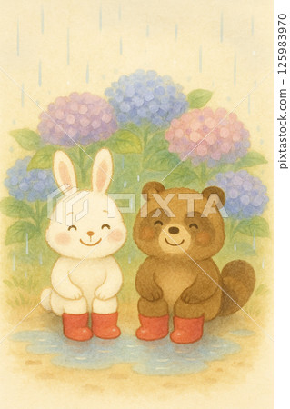 Illustration of a rabbit and a raccoon sitting in front of a hydrangea 125983970