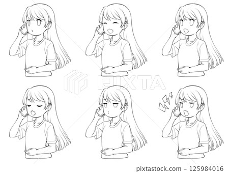 一位年輕女子用智慧型手機打電話的線條畫,包含 6 種不同的臉部表情 一位年輕女子用智慧型手機打電話的線條畫,包含 6 種不同的臉部表情 125984016