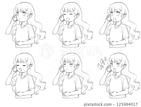 一位年輕女子用智慧型手機打電話的線條畫，包含 6 種不同的臉部表情 125984017