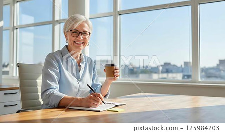 Smiling businesswoman working in office 125984203