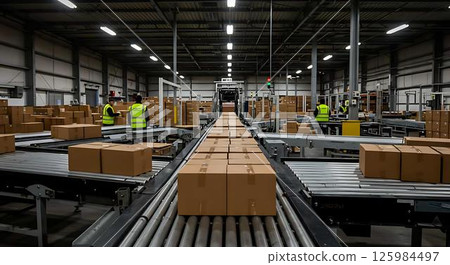 Warehouse Conveyor Belt with Workers 125984497