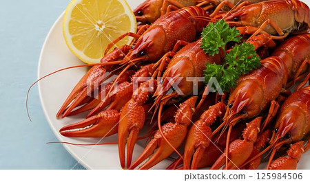 Delicious Red Crayfish Plate, Lemon, Parsley Delicious Red Crayfish Plate, Lemon, Parsley 125984506
