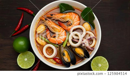 Tom Yum Goong Seafood Soup, Thai Cuisine 125984514