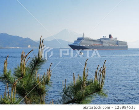 Shizuoka Prefecture, Queen Elizabeth sailing off the coast of Miho and Mount Fuji, April 125984535