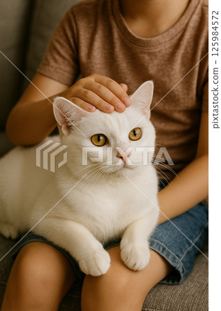 一隻白貓被放在腿上撫摸 125984572