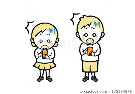 A boy and girl in casual clothes, using a smartphone in a hurry A boy and girl in casual clothes, using a smartphone in a hurry 125984878