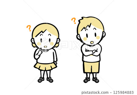 一個穿著休閒服的男孩和一個女孩,臉上帶著困惑的表情 一個穿著休閒服的男孩和一個女孩,臉上帶著困惑的表情 125984883