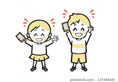 Boys and girls in casual clothes happily holding smartphones 125984885