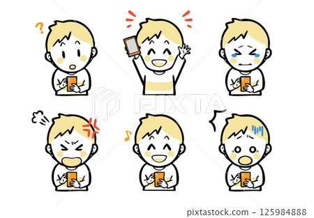 A set of facial expressions for a boy in casual clothes holding a smartphone 125984888