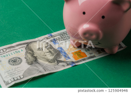 Piggy bank sits on a hundred dollar bill on a green background during daylight Piggy bank sits on a hundred dollar bill on a green background during daylight 125984946