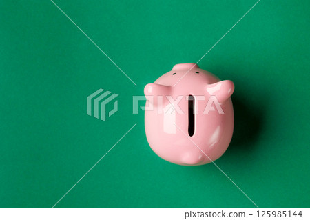 Ceramic piggy bank on a green background used for saving money and teaching financial responsibility 125985144