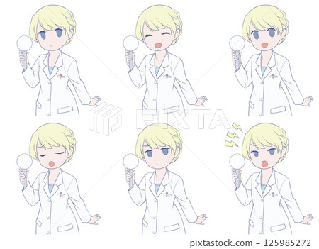 金髮女藥劑師拿著一張空白的標語牌，上面有 6 種面部表情 125985272