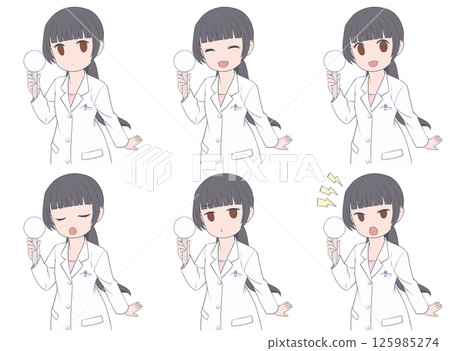 一位黑髮女藥劑師拿著一張簡單的標語牌，上面有六種面部表情 125985274