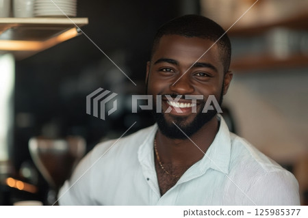 Smiling barista serving coffee at a cozy cafe during the morning rush hour 125985377
