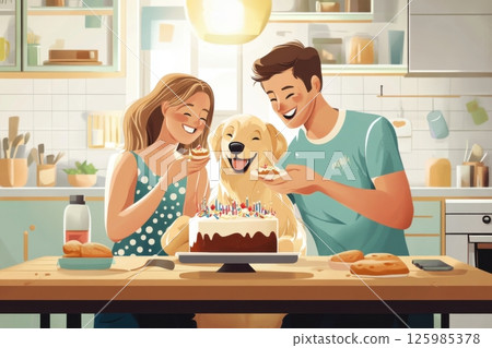 Couple celebrates with their golden retriever at home birthday party in cozy kitchen 125985378