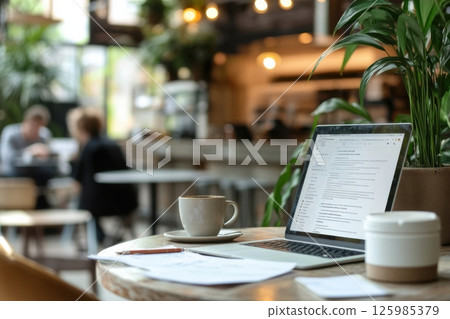 Working at a cozy cafe with a laptop, warm cup, and notes during the afternoon 125985379