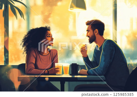 Young couple shares a joyful conversation while enjoying drinks at a cozy cafe during sunset hours Young couple shares a joyful conversation while enjoying drinks at a cozy cafe during sunset hours 125985385