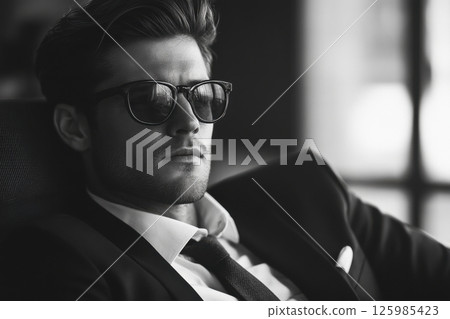 Stylish man in suit relaxing in a modern interior with sunglasses during afternoon light 125985423