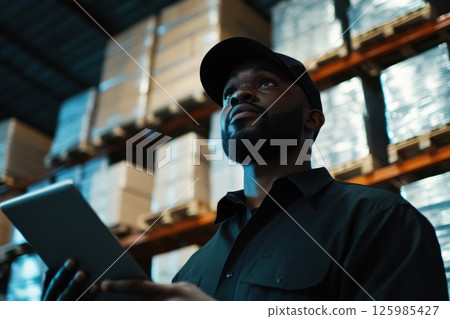 Warehouse worker checks inventory on tablet while surrounded by stacked boxes during daytime operations 125985427
