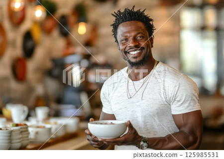 Smiling man holding a bowl in a cozy cafe during a sunny morning 125985531