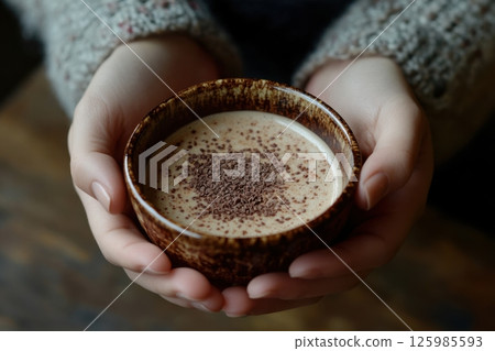Warm beverage topped with chocolate shavings held in hands during cozy indoor setting in winter 125985593